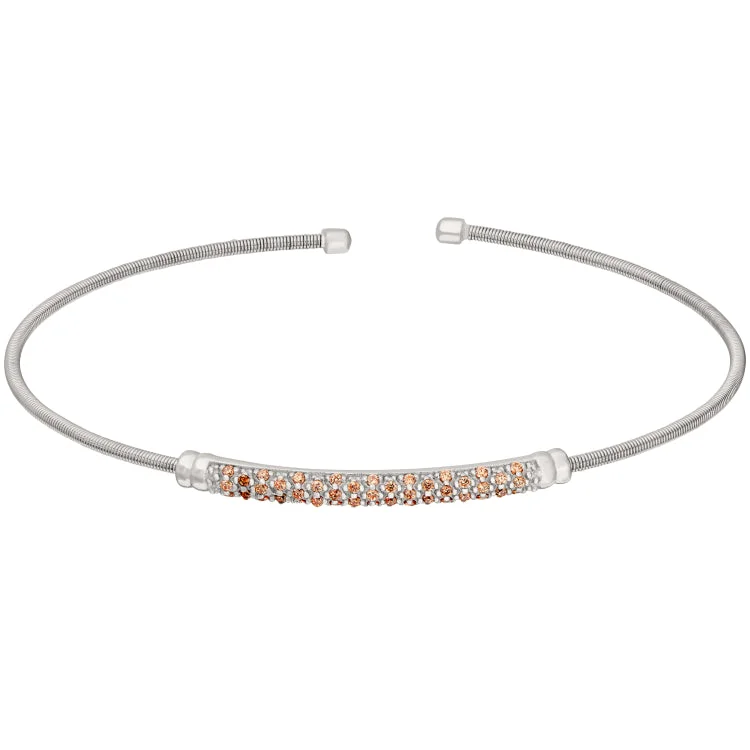 Fashion bracelets for trendy outfits-Rhodium Finish Sterling Silver Cable Cuff Bracelet with Three Rows of Simulated Citrine Birth Gems - November