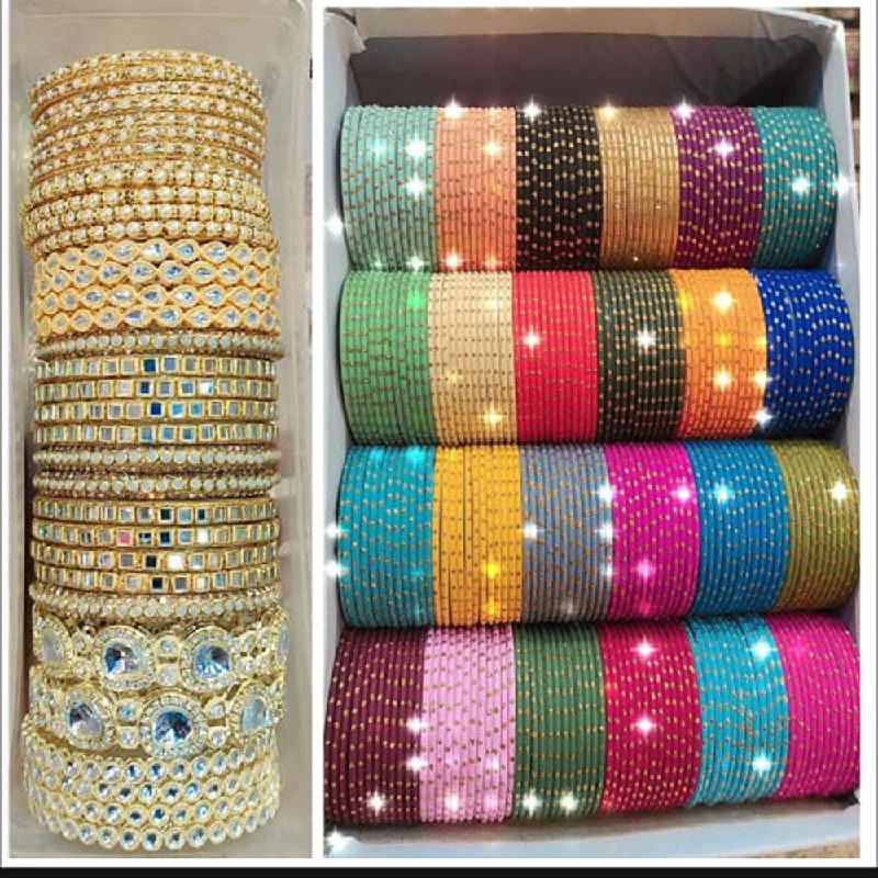 Vintage-inspired bangles for a retro style-Pooja Bangles Gold Plated Kundan Stone Metal Bangles Set (Assorted Color )