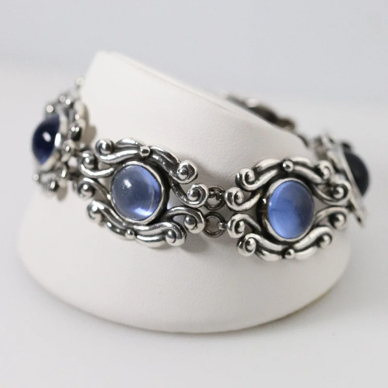 Trendy woven bracelets for a cool, casual style-Vintage Los Castillo Taxco Mexican Jewelry | Ornate Blue Glass Bracelet