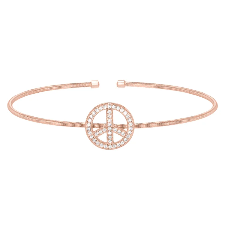 Crystal bracelets for a sparkling effect-Rose Gold Finish Sterling Silver Cable Cuff Peace Sign Bracelet with Simulated Diamonds