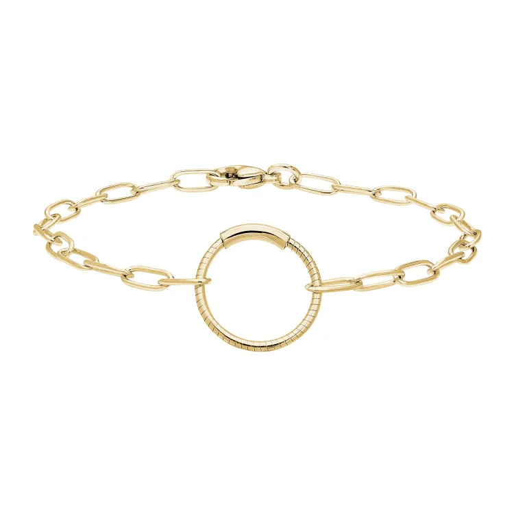 Leather and metal bracelets for bold fashion-Gold Finish Sterling Silver Paper Clip Bracelet with Center Circle Station