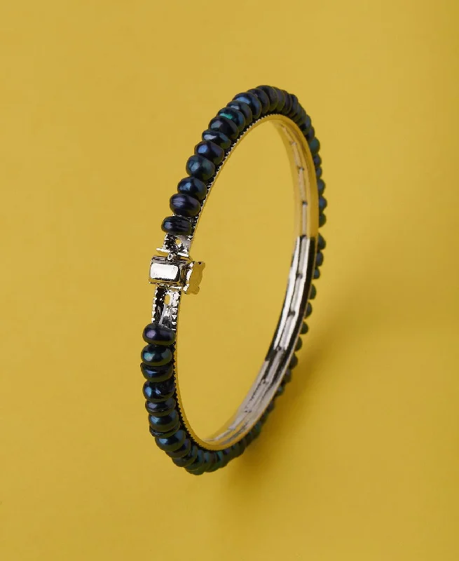 Layered bangles for a bohemian vibe-Elegant Rhodium Black Pearl Bangle