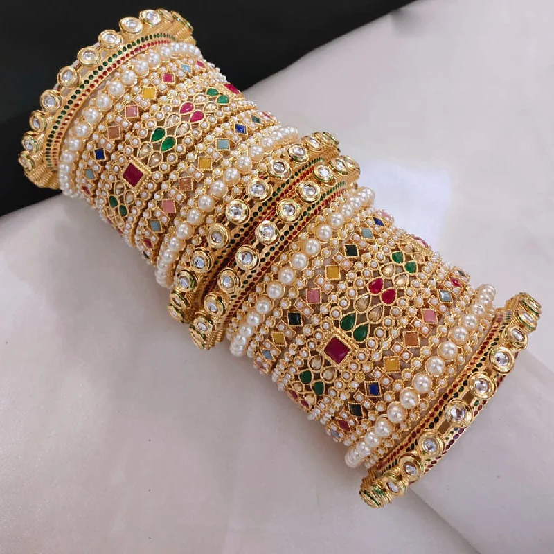 Chunky statement bangles for bold impact-Akruti Collection Gold Plated Kundan Stone And Crystal Stone Pearls Bangles Set