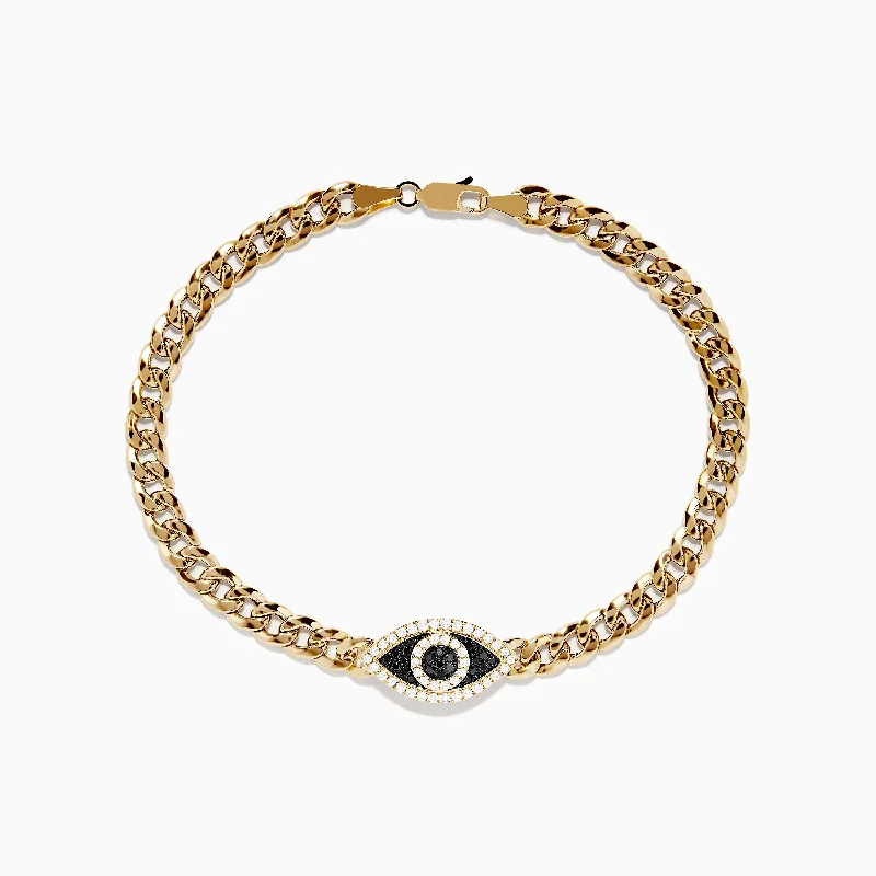 Custom birthstone bracelets for special occasions-Men's 14K Yellow Gold Black and White Diamond Evil Eye Chain Bracelet 8.75"