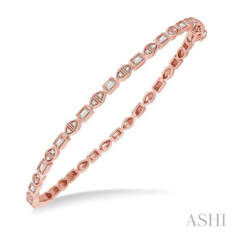 Personalized charm bangles for special occasions-1/3 Ctw Baguette & Round Cut Diamond Stackable Bangle in 14K Rose Gold