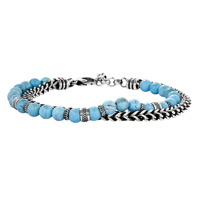 Bohemian bracelets for free-spirited fashion-Stainless Steel Square Fox Tail Chain and Turquoise Bead Bracelet