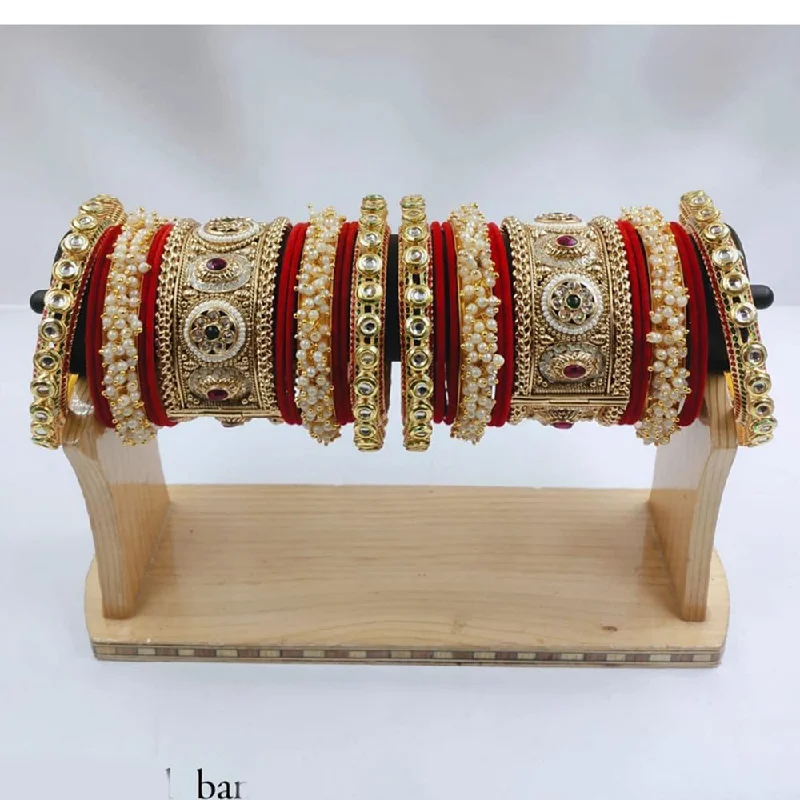 Rose gold bangles for romantic elegance-Akruti Collection Gold Plated Kundan Stone And Pearl Meenakari Bangles Set