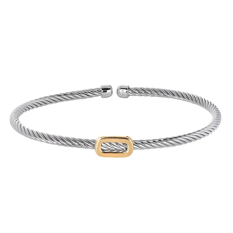 Leather and metal bracelets for bold fashion-Rhodium Finish Sterling Silver Twisted Cable Cuff  Bracelet With a Gold Finish Polished Open Oval