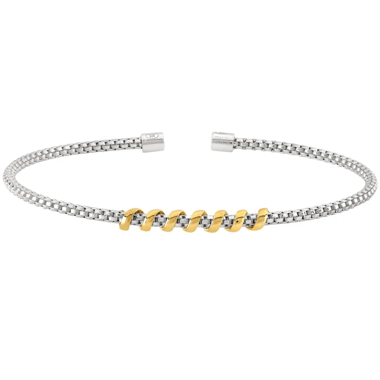 Silver bracelets for everyday wear-Rhodium Finish Sterling Silver Rounded Box Link Cuff Bracelet with Gold Finish Coil Wrap in the Center