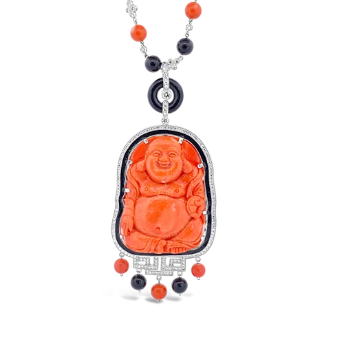 Silver chain necklaces for sleek sophistication-Coral & Diamond Buddha Necklace