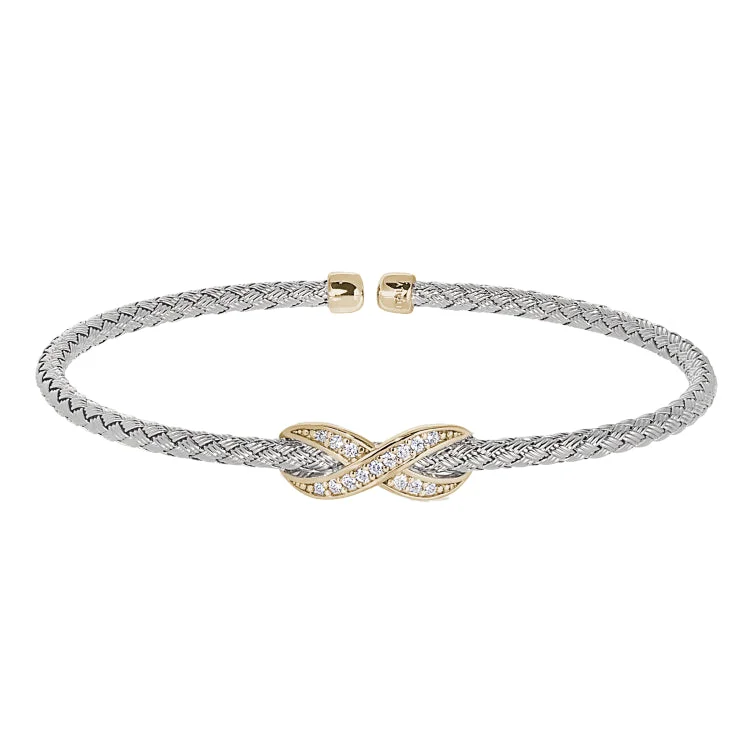 Stackable bracelets for a customizable style-Rhodium Finish Sterling Silver Basketweave Cable Cuff  Bracelet with Gold Finish Infititry With Simualated Diamonds