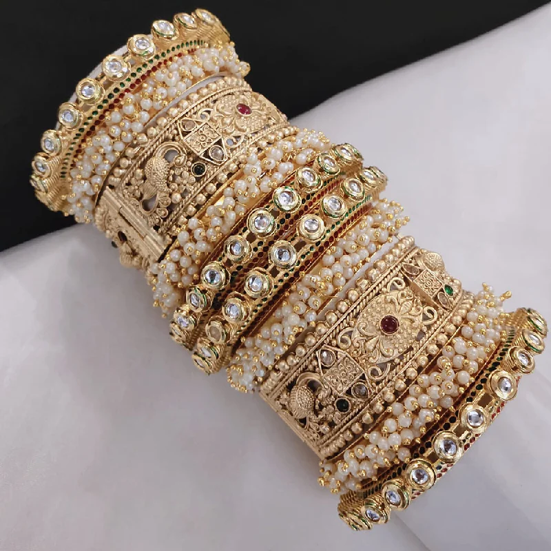 Stackable bangles for custom combinations-Pooja Bangles Gold Plated Kundan Stone And Pearls Openable Bangle Set