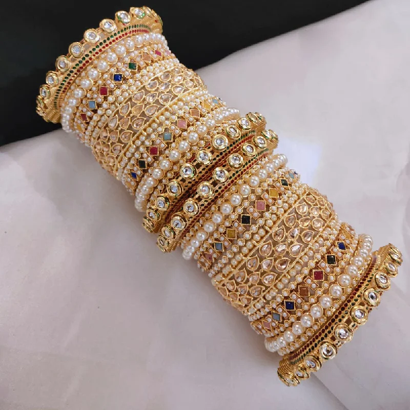 Luxury pearl bangles for sophisticated outfits-Akruti Collection Gold Plated Kundan Stone And Crystal Stone Pearls Bangles Set