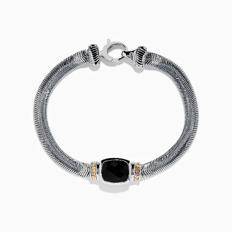 Custom engraved bangles for personalized fashion-925 Sterling Silver & 14K Yellow Gold Onyx Bracelet