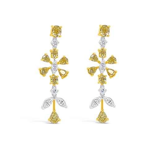 Silver earrings with delicate detailing-Yellow & White Diamond Dangle Earrings