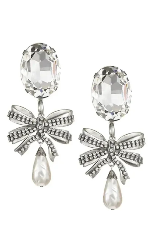 Custom earrings for special occasions-Crystal Bow Pearl Drop Earring