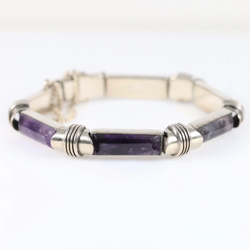 Diamond-studded bracelets for a luxurious touch-Vintage Antonio Pineda Taxco Silver Mexican Jewelry | Modernist Amethyst Silver Hinged Bracelet