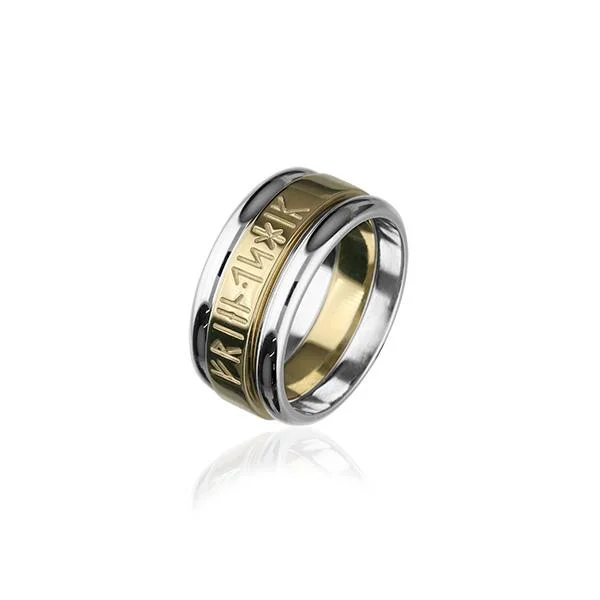 Luxury rings with emeralds and diamonds-Runic Silver and Gold Ring R234