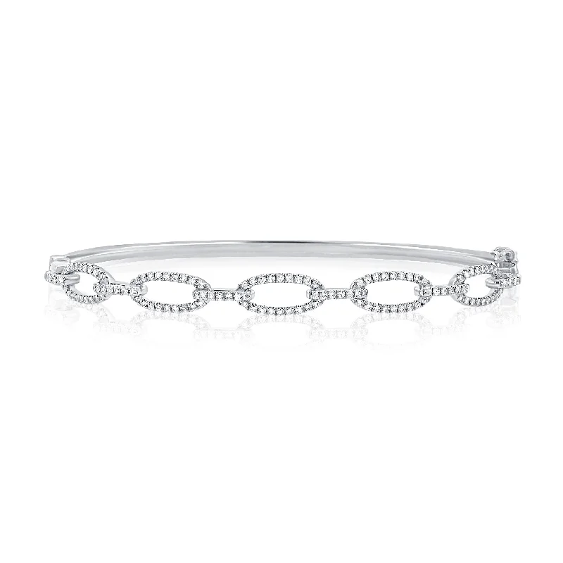 Bohemian-style stacking bangles for laid-back fashion-14K White Gold Diamond Oval Link Hinged Bangle