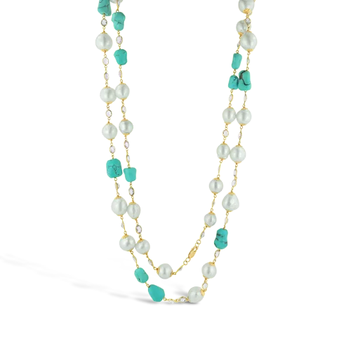 Classic silver necklaces for understated style-Turquoise, Pearl & White Sapphire Necklace