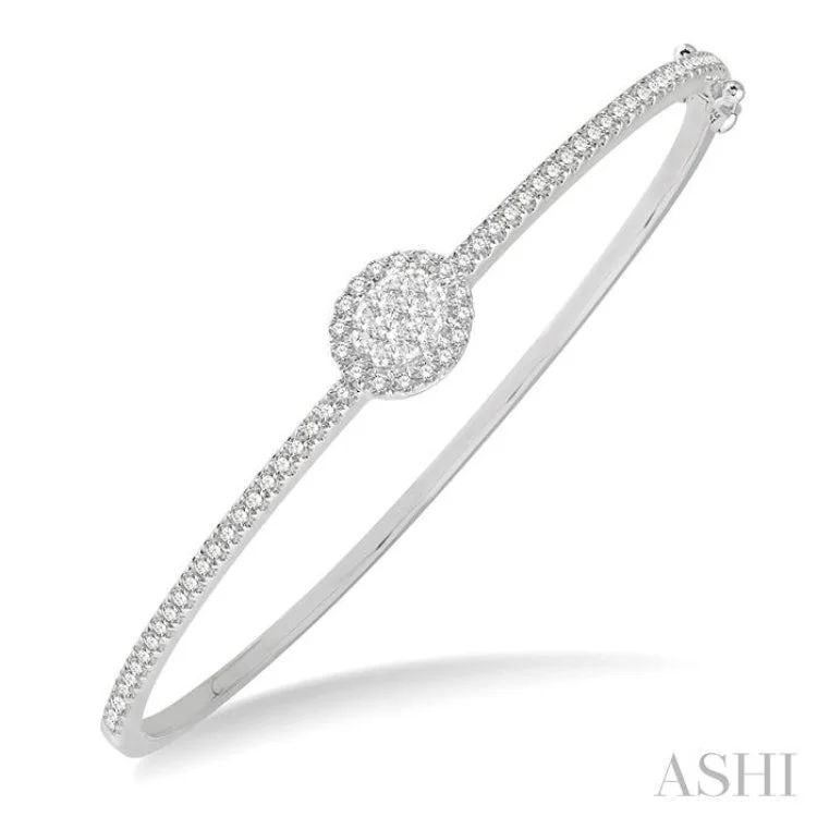 Boho chic bangles for laid-back fashion-1 ctw Oval Shape Round Cut Diamond Lovebright Stackable Bangle in 14K White Gold