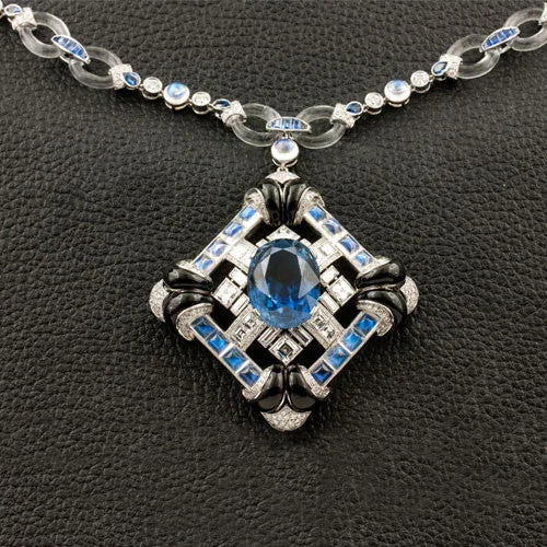 Sparkling birthstone necklaces for family keepsakes-Sapphire, Diamond & Onyx Pendant