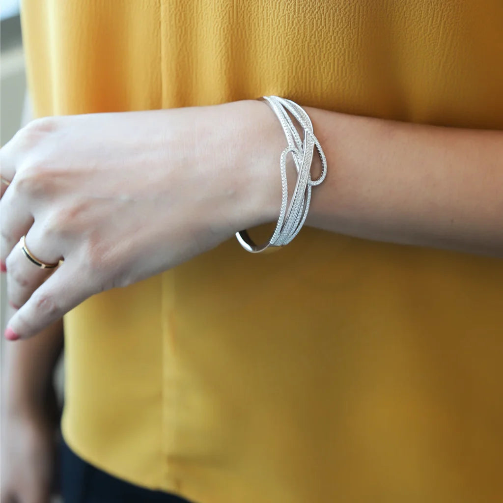 Custom birthstone bangles for meaningful gifts-Sterling Silver 925 Cubic Zirconia Crossover Bangle - FKJBNGSL7926