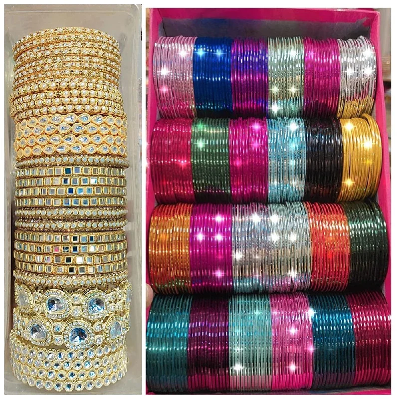 Designer bangles for high-end jewelry collections-Pooja Bangles Gold Plated Kundan Stone Metal Bangles Set (Assorted Color )