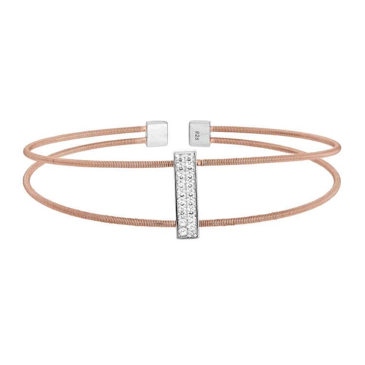 Personalized name bracelets for meaningful gifts-Rose Gold Finish Sterling Silver Two Cable Cuff Bracelet with Rhodium Finish Simulated Diamond Double Row Vertical Bar