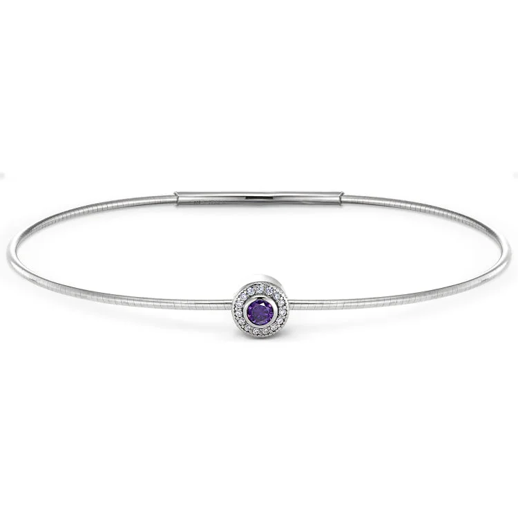 Trendy stacked bracelets for a layered fashion statement-Platinum Finish Sterling Silver Round Simulated Amethyst Birth Gem Bracelet with Simulated Diamonds