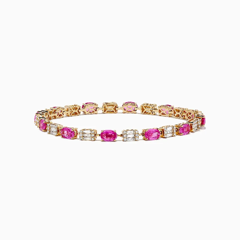 Handcrafted bracelets for unique designs-14K Yellow Gold Pink Sapphire and Diamond Tennis Bracelet