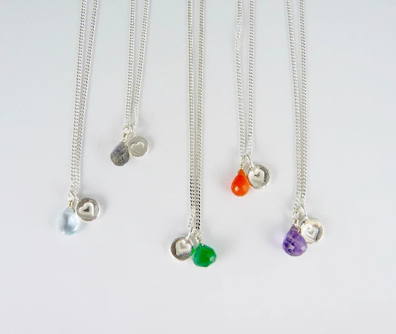 Silver chain necklaces for sleek sophistication-Silver Stamped Heart and Gemstone Necklace