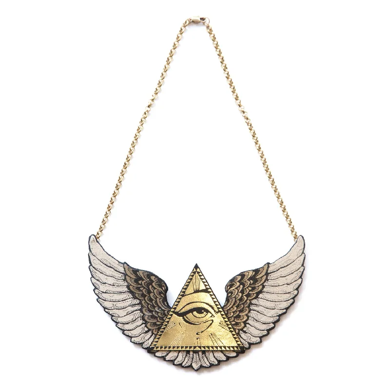 Stainless steel necklaces for durability and style-WINGED ALL SEEING EYE PYRAMID . necklace