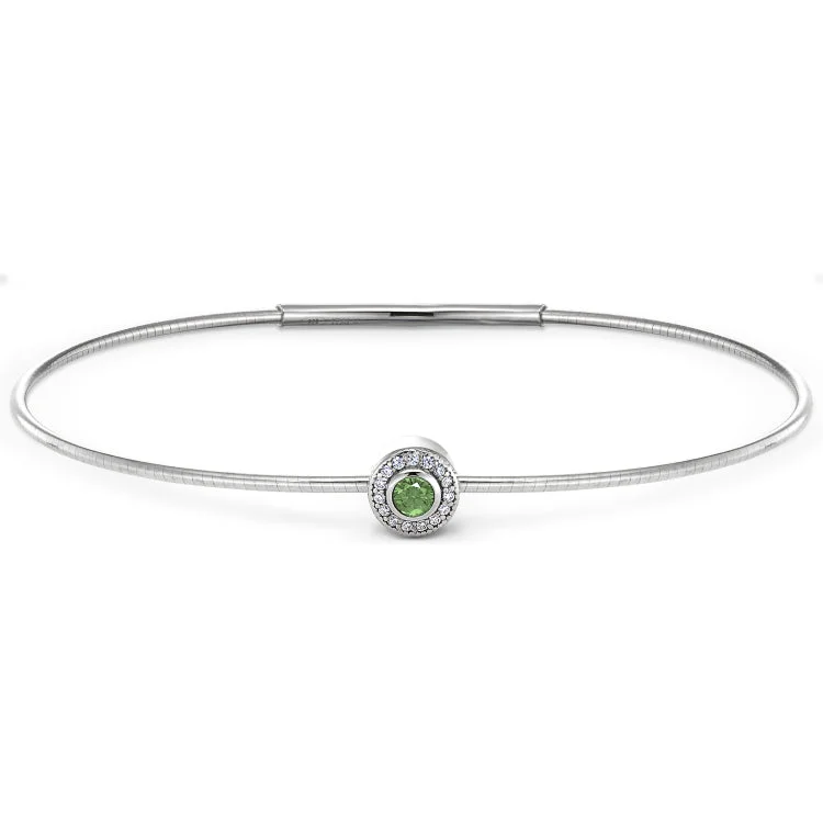 Elegant bangle bracelets for sophisticated style-Platinum Finish Sterling Silver Round Simulated Peridot Birth Gem Bracelet with Simulated Diamonds