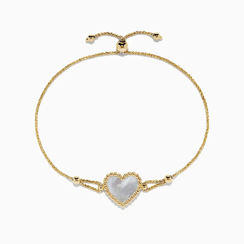 Personalized couple’s bracelets for shared memories-14K Yellow Gold Mother of Pearl Heart Bolo Bracelet