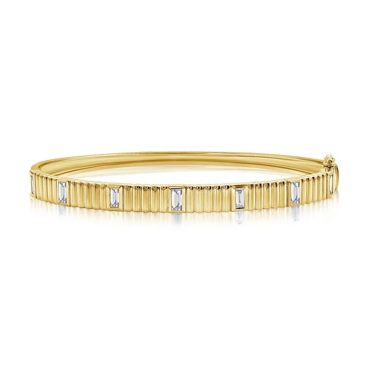 Custom couple bangles for matching accessories-14K Yellow Gold Baguette Diamond Fluted Bangle