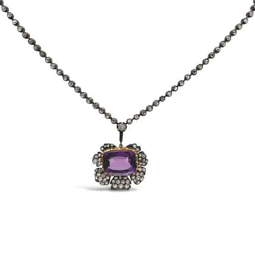 Luxurious pearl necklaces for upscale occasions-Amethyst & Diamond Flower Necklace