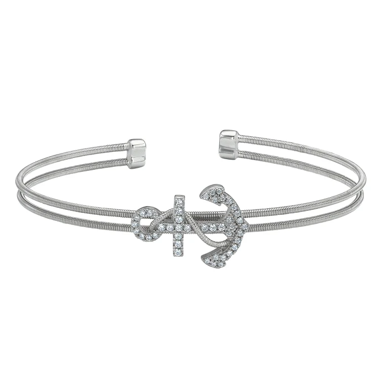 Vintage-inspired bracelets for a classic look-Rhodium Finish Sterling Silver Two Cable Anchor Cuff Bracelet Bracelet with Simulated Diamonds