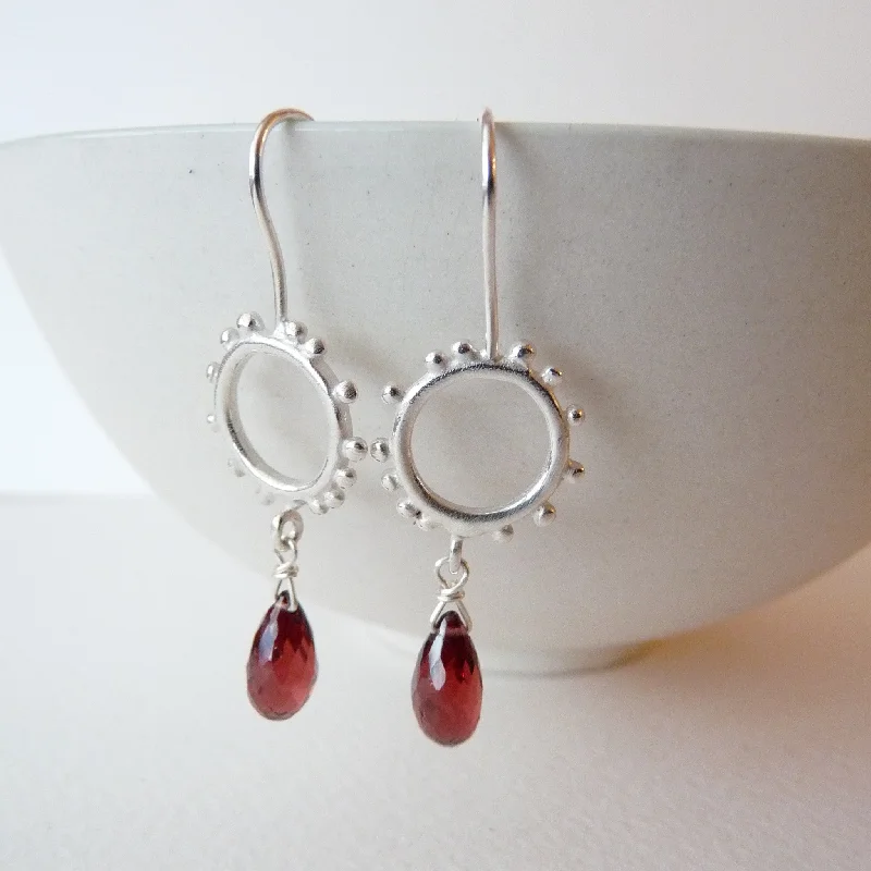 Silver hoop earrings with a modern twist-Small Silver Granulation Hooks With Gemstone Drop