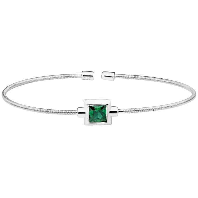 Braided leather bracelets for a rugged look-Rhodium Finish Sterling Silver Cable Cuff Bracelet with Princess Cut Simulated Emerald Birth Gem