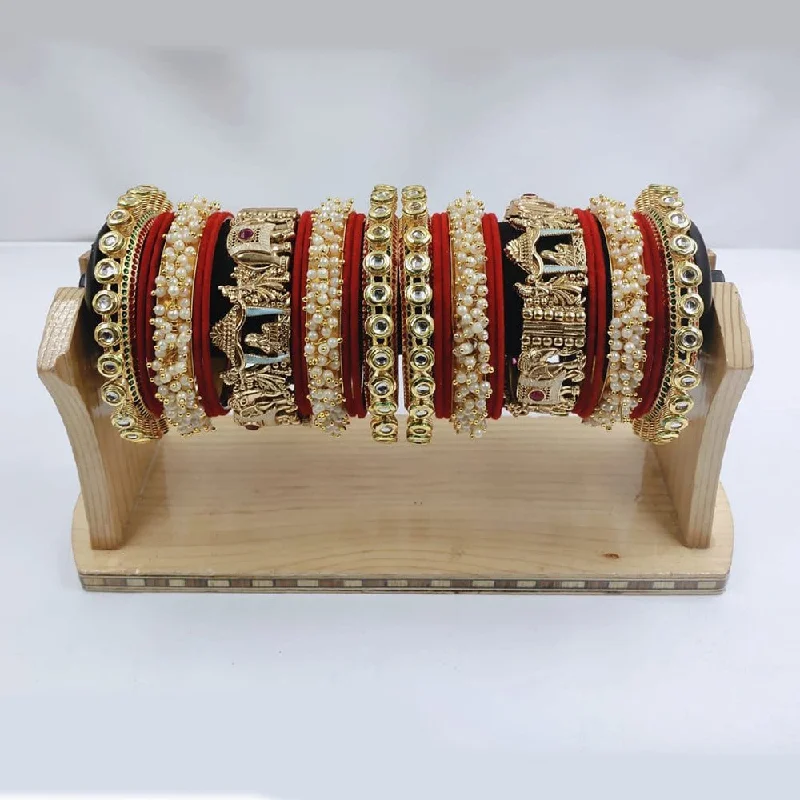 Luxury diamond bangles for upscale events-Akruti Collection Gold Plated Kundan Stone And Pearl Meenakari Bangles Set