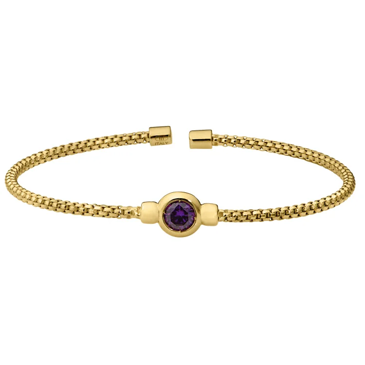 Simple bangle bracelets for minimalistic style-Gold Finish Sterling Silver Rounded Box Link Cuff Bracelet with Bezel Set Simulated Amethyst Birth Gem