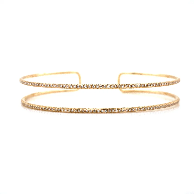 Simple gold bangles for minimalist fashion-14K Yellow Gold Diamond Double Row Open Bangle