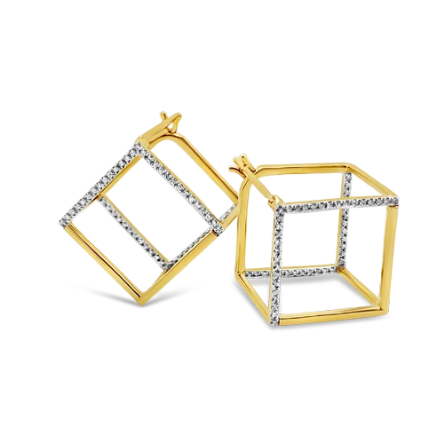 Gold-plated earrings with a chic design-Gold & Diamond Open Cube Earrings