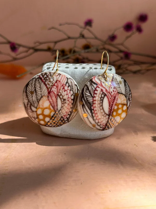 Minimalist earrings for a modern look-Hand Painted Porcelain Warm Toned Round Earrings