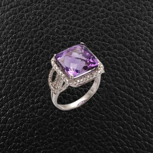 Dainty rings for minimalist style-Cushion cut Amethyst & Diamond Ring