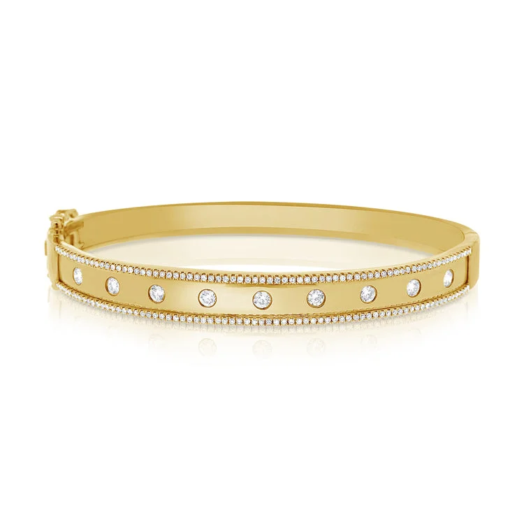 Trendy stacked bangles for a layered look-14K Yellow Gold Diamond Wide Border Bangle