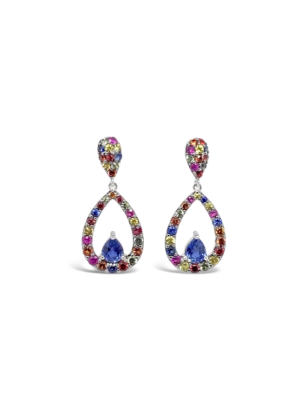 Multi-stone earrings for vibrant looks-Pear Shaped Rainbow Sapphire Dangle Earrings