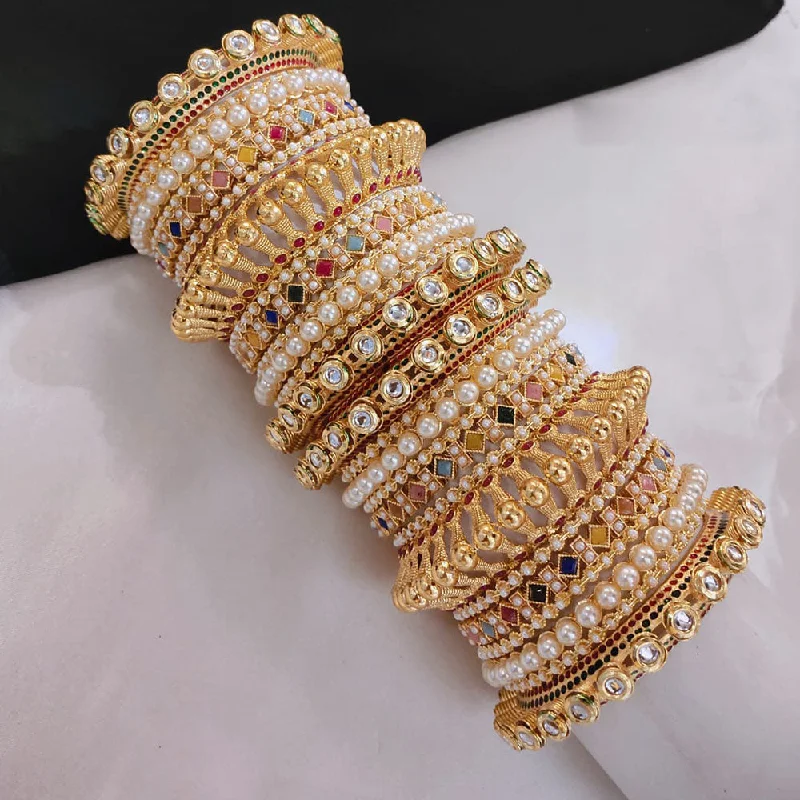 Designer bangles for a fashion-forward statement-Akruti Collection Gold Plated Kundan Stone And Crystal Stone Pearls Bangles Set