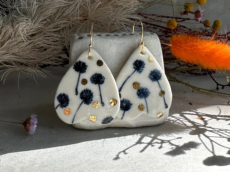 Hoop earrings with unique textures and patterns-Hand Painted Dandelion Porcelain Earrings with gold dots